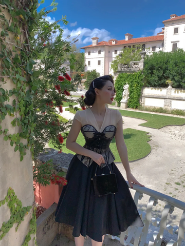 Vintage A Line V Neck Corset Black Lace Satin Short Prom Dress Party Dress HZ1023